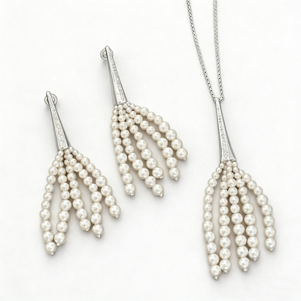 Long broom pearl tassel necklace and earrings, spring and summer imitation Swarovski pearl zircon ear studs, sweater chain