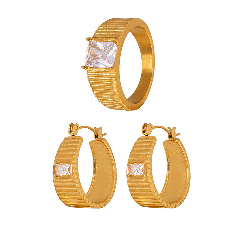 Country 18K gold zircon ring niche titanium steel earrings women's jewelry set