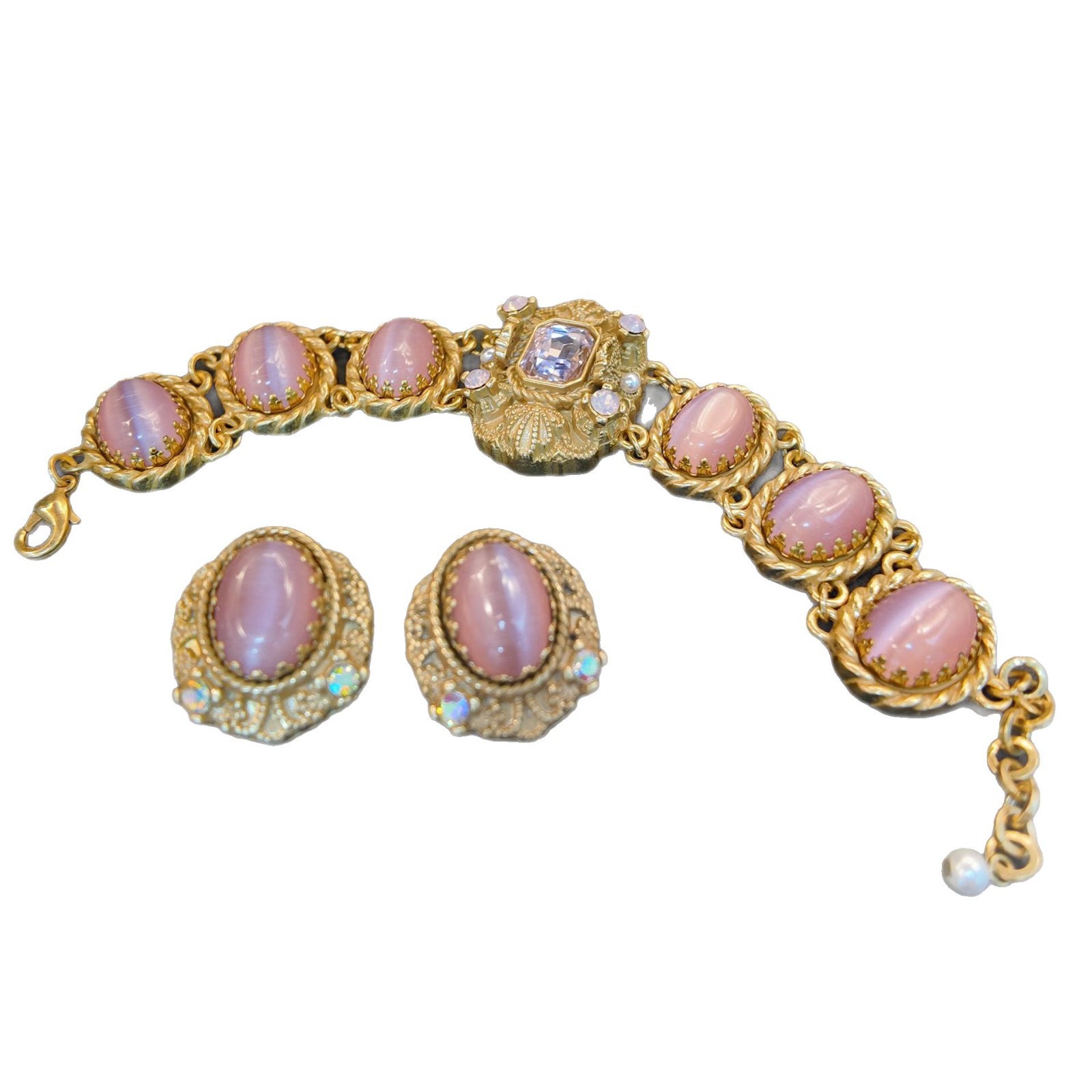 Pink cat's eye palace style lace bottom rhinestone earring woven texture necklace women's accessories