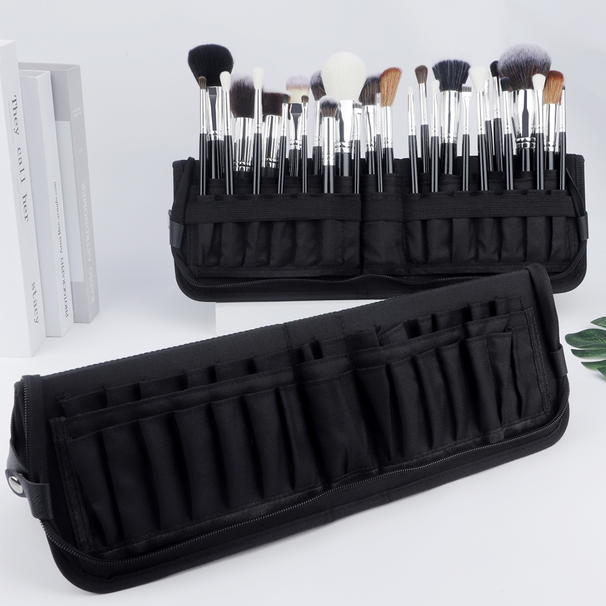 14-40 Hole Makeup Brush Bag Large Storage Bag Large Capacity Black Book Page Foldable Cosmetic Bag
