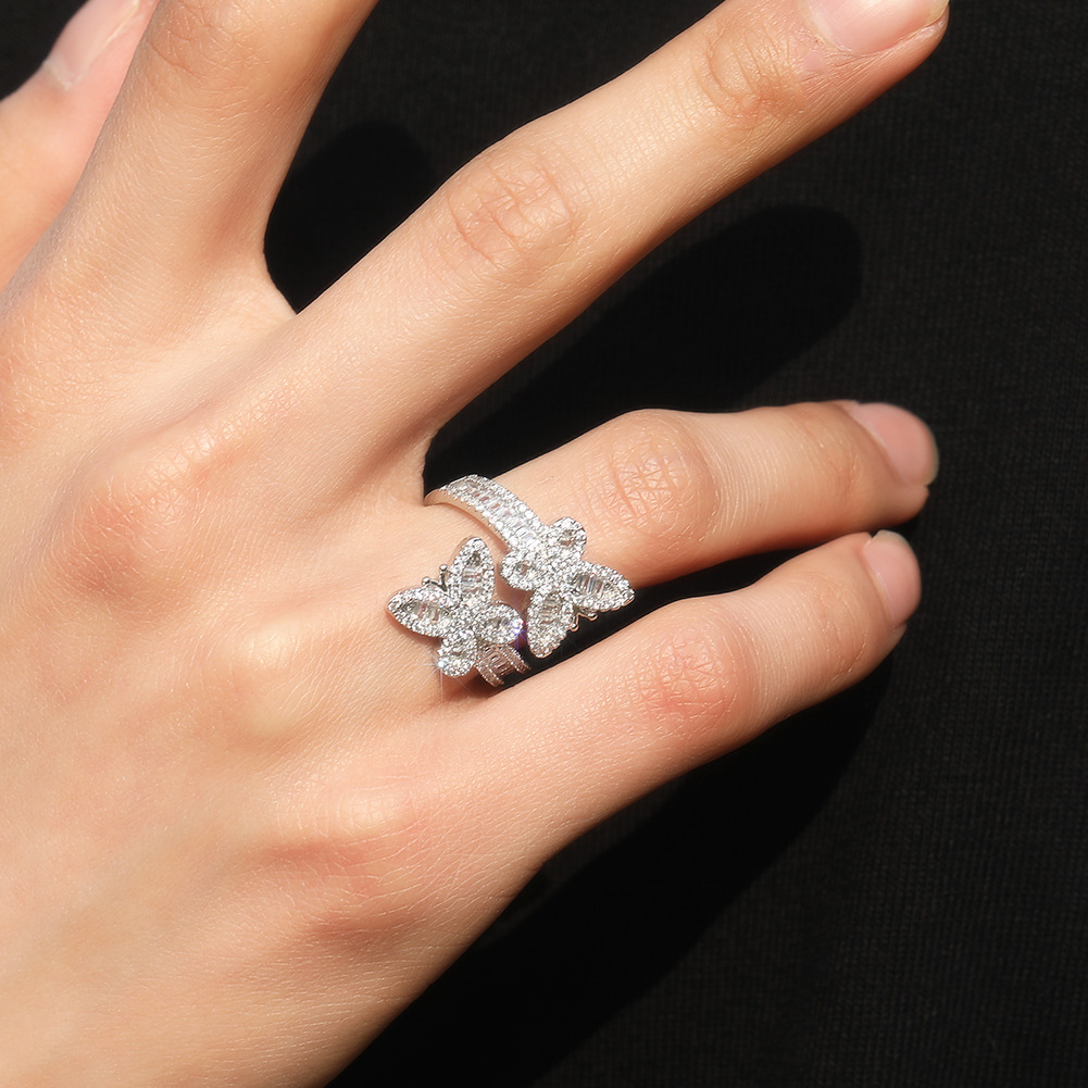 Diamond-studded staggered butterfly open ring unisex hip-hop ring