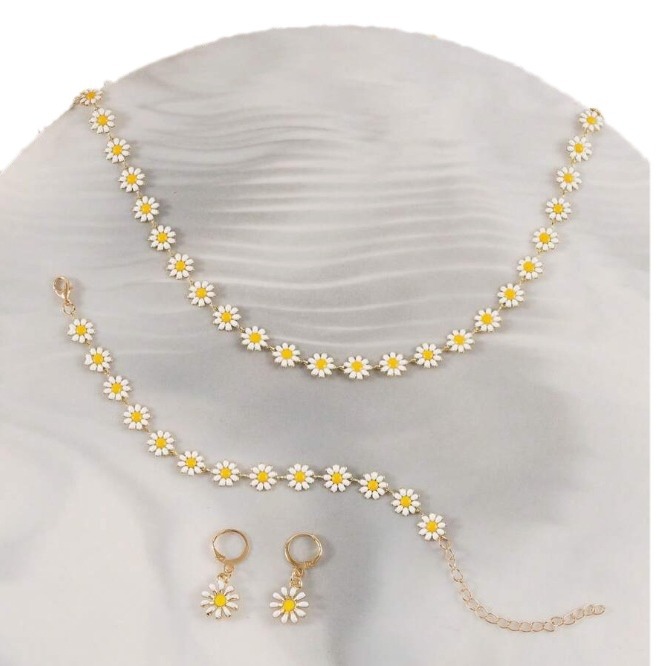 Jewelry Daisy Small Flower Necklace Earrings Bracelet Set Simple Collar Chain