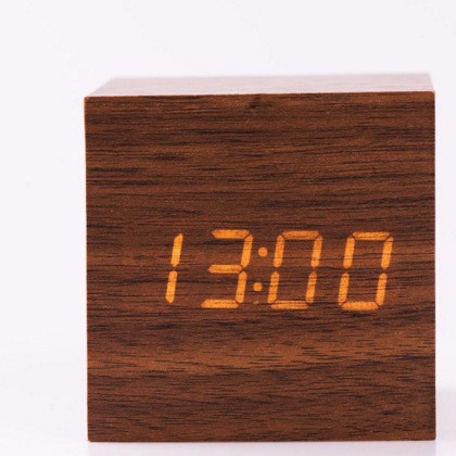 Mini small square wooden clock, LED electronic alarm clock, silent voice-activated multi-functional clock, gift logo decoration