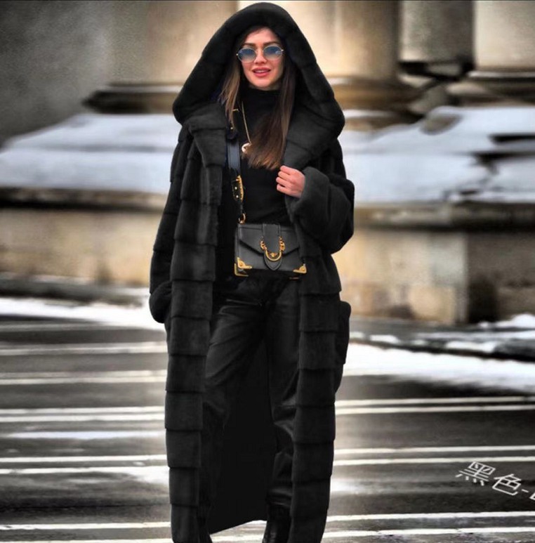 New autumn fashion faux fur jacket hooded cotton-padded jacket thickened and lengthened plush women's coat trench coat eco-friendly fur