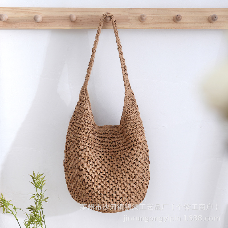 Woven bag for women, summer hollow straw woven bag, woven bucket bag, large capacity beach vacation style shoulder tote bag