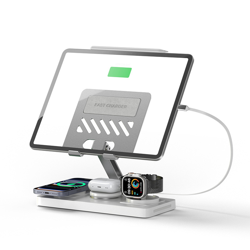 Desktop Multi-Functional Wireless Charger Foldable Rotatable 5-in-1 Wireless Charger with Tablet Metal Stand Retractable Cable