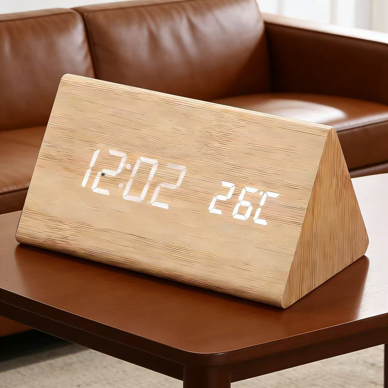 Voice-controlled minimalist wooden office silent multifunctional electronic clock with temperature display, plug-in power, student alarm