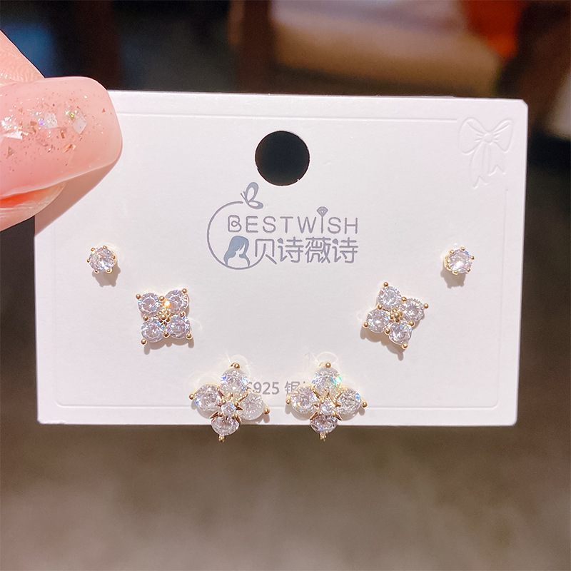 Exquisite heavy work four-leaf flower zircon earrings three pairs, women's silver needle earring accessories 6-piece set