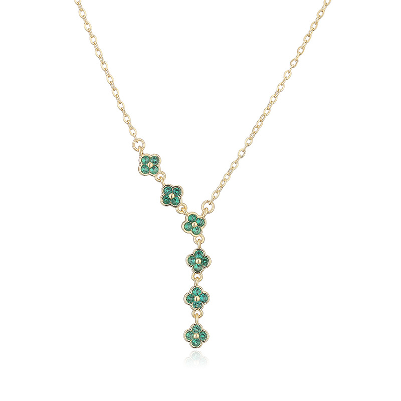 Copper Inlaid Colorful Diamond Four-Leaf Clover Necklace Unique Super Shiny Four-Leaf Flower Tassel Clavicle Chain Choker