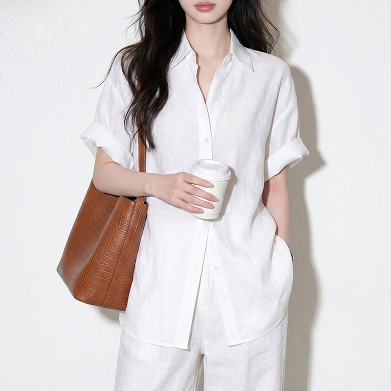 Old Money Style Cotton-Linen Suit Casual Women's Minimalist Linen White Short-Sleeve Shirt
