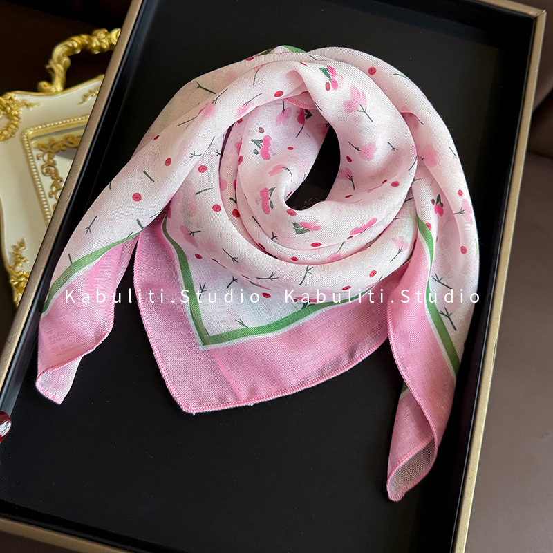 Silk scarf women's cotton linen small square scarf, sweet crushed flower headwrap sun protection decorative photo air-conditioned room shawl