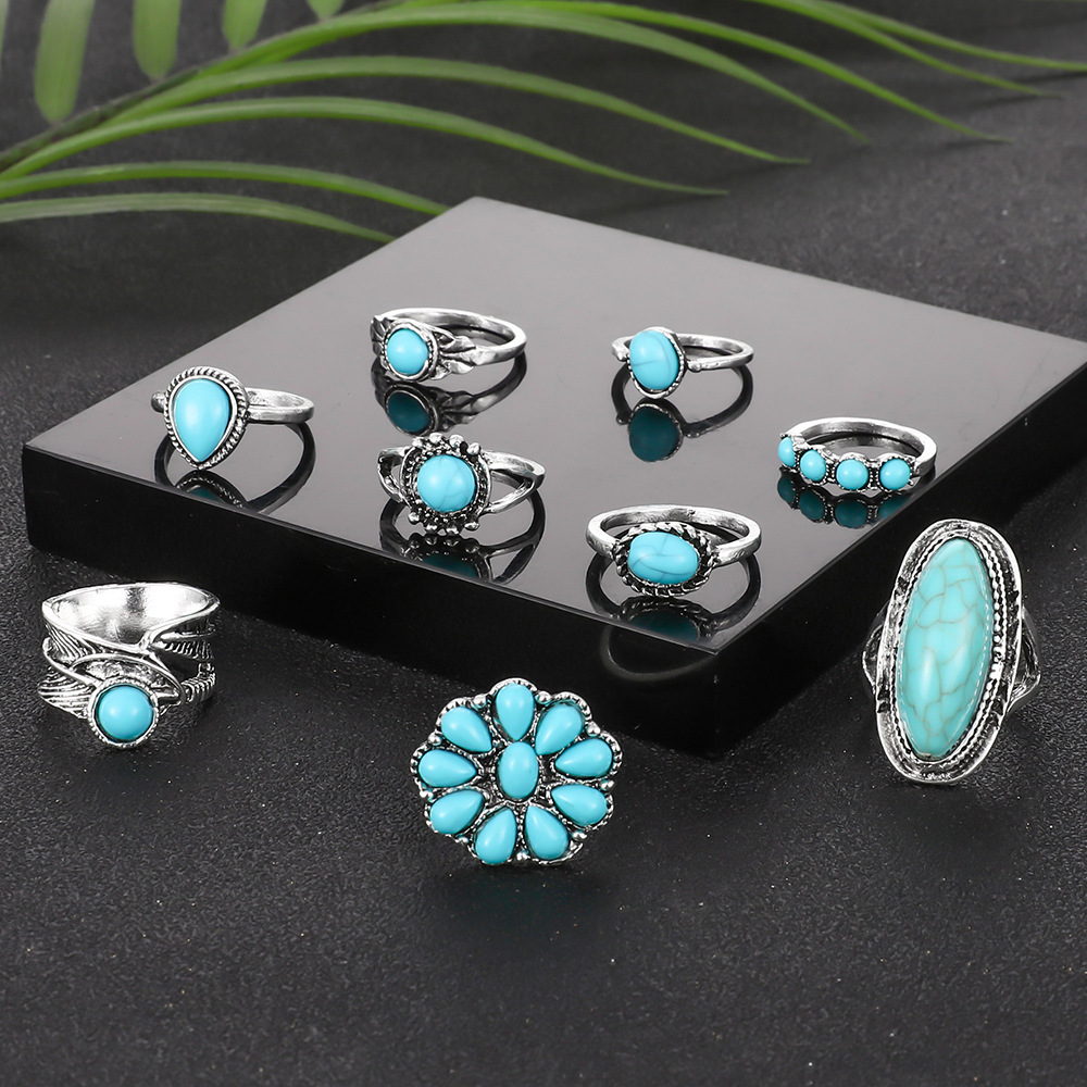 New Ring Bohemian Feather Turquoise Hollow 9-Piece Set Ring