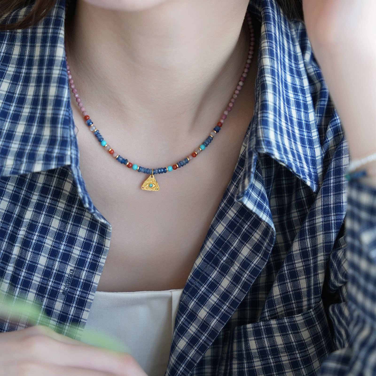 New Chinese-style Dunhuang style natural stone bead necklace for women, summer ethnic national style colorful dopamine collarbone chain
