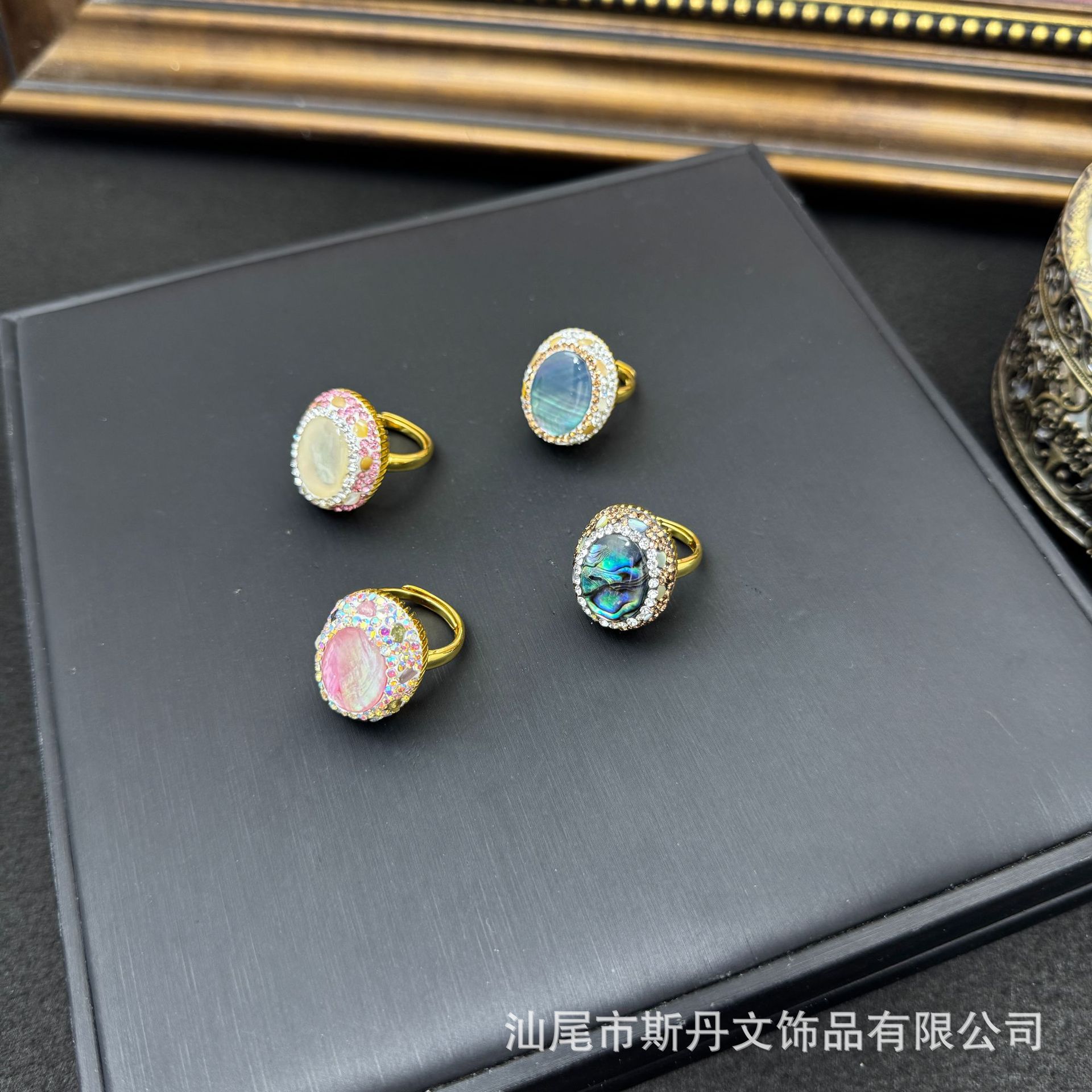 New Natural Colorful Shell Inlaid Raw Stone Ring Accessories Ring Handcrafted Diamond Inlay
