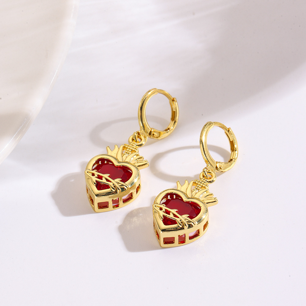 Copper plated red heart cross earring earrings sweet rose crown arrow through heart ear clip earring earrings jewelry
