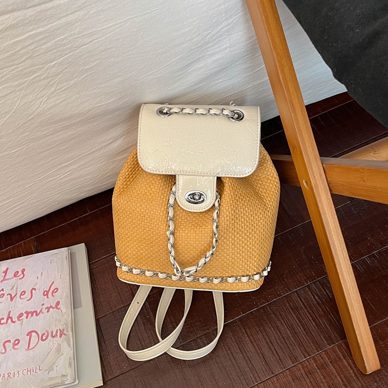 Niche Woven Backpack for Women 2026 New Color-blocked Chain Backpack Spring Summer Texture Travel Backpack