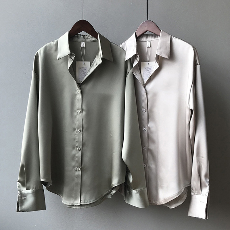 Acetate silk satin white shirt women 2026 spring autumn winter new niche layering top