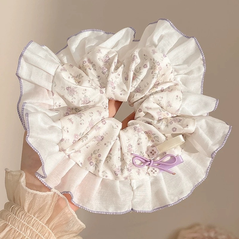 97#紫色碎花纽扣拼接发圈约15cm