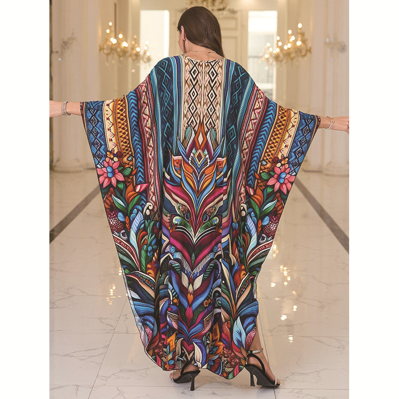 New Cotton Position Print Vacation Beach Long Dress Women Loose Long Dress Bikini Cover Up Sun Protection