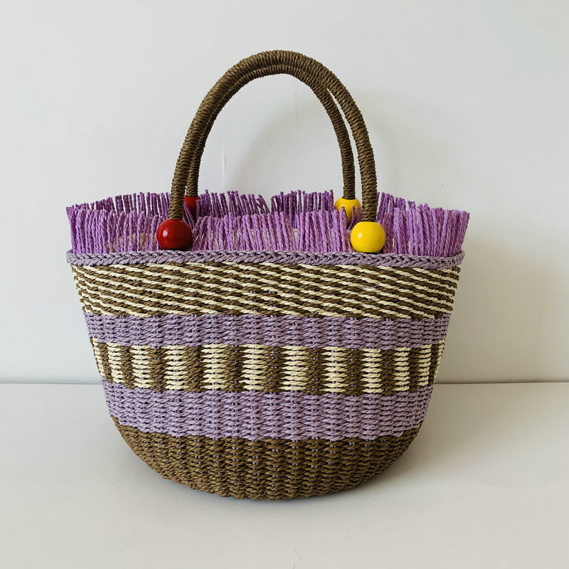 Rural vacation style beach bag, basket handbag, wooden bead straw woven bag, new twill woven bag, multiple colors