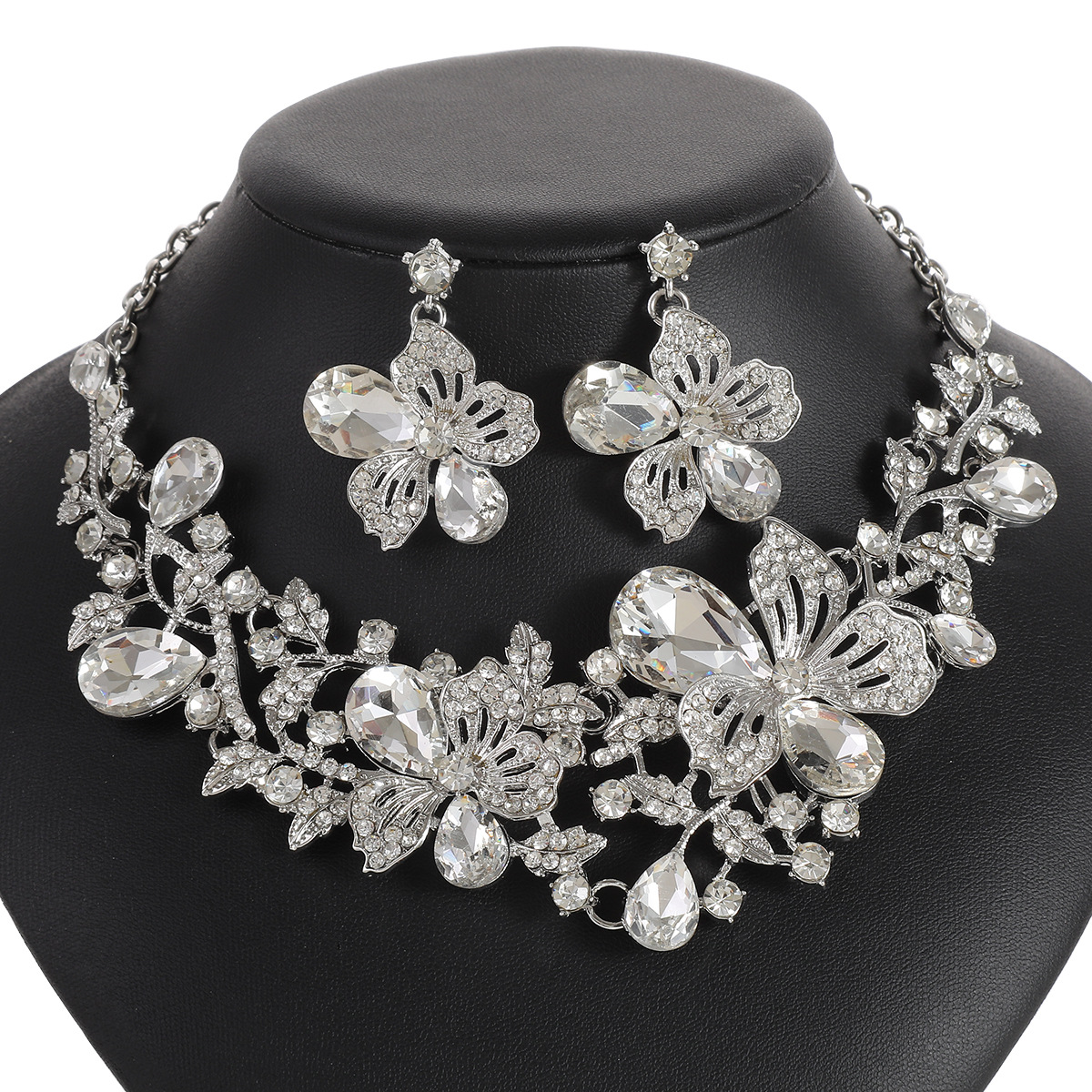 Exaggerated Necklace Earring Set Women Alloy Chain Flower Bride Accessories