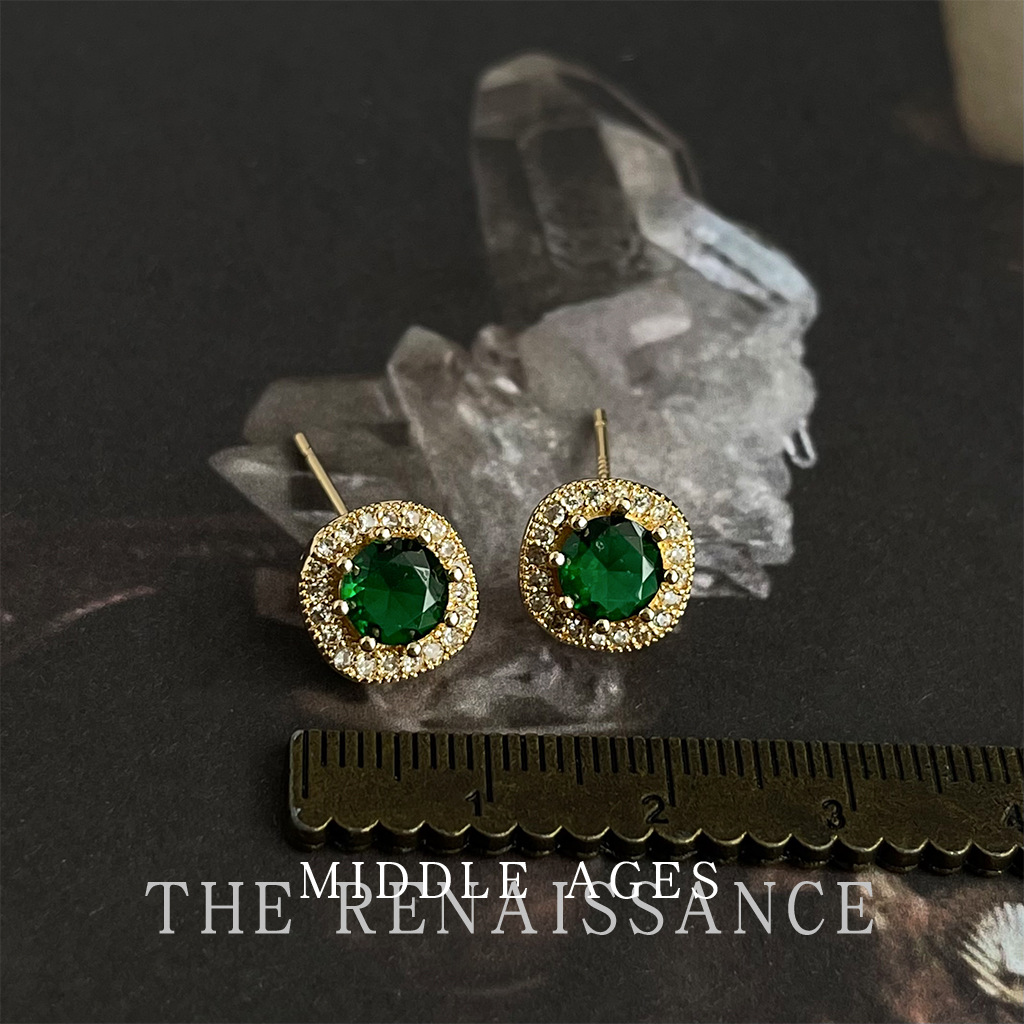 Vintage Retro Colored Gem Green Zircon Earring Collection Court Style Ear Studs Ear Accessories