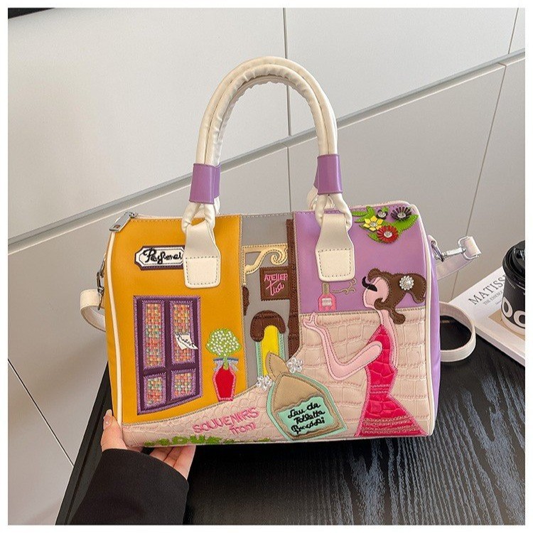 Large Capacity Handheld Boston Bag 2025 New Niche Embroidery Patch Commuter Shoulder Crossbody Bag