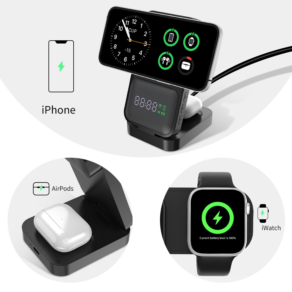 Three-in-One Wireless Charger Supports Watch Earbuds Phone Fast Charging Display Power Rotatable Magnetic Digital Display