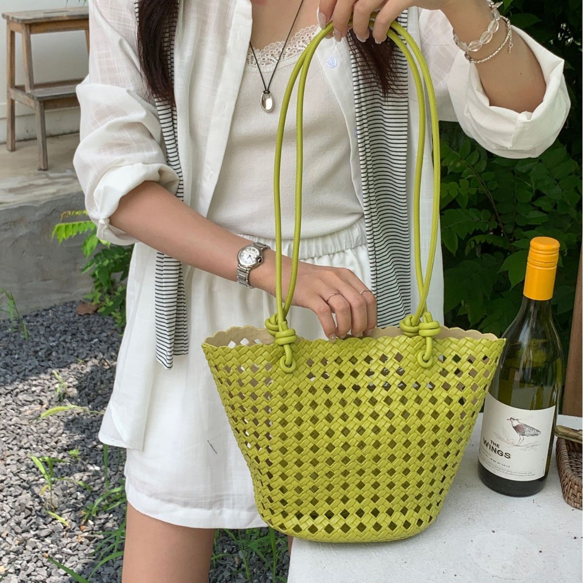 2026 Niche Hollow Woven Bag Soft Leather Basket Bag Handheld Single Shoulder Bucket Bag Summer Woven