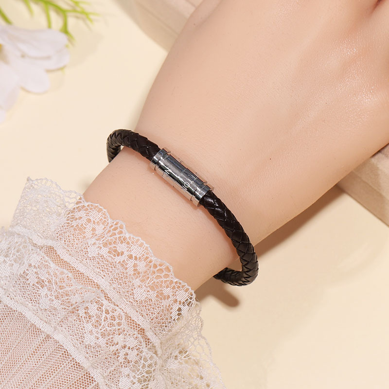 Vintage Pattern Leather Couple Rope Bracelet Stainless Steel Double Magnetic Bangle for Men and Women
