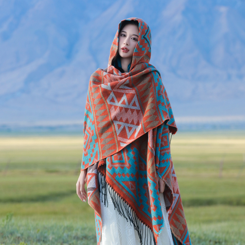 Sichuan Tibet Bohemian Photo Knit Shawl Scenic Area Hooded Scarf Cape Yunnan Cape Shawl Women