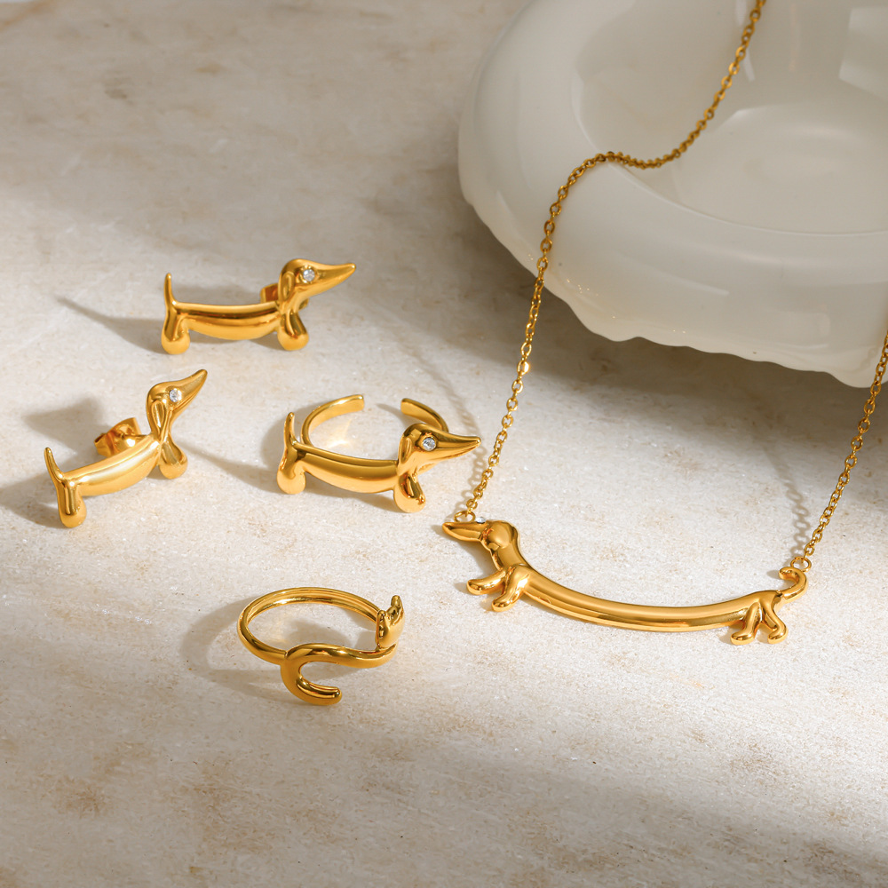 Cute 18k gold puppy dachshund stainless steel ring necklace jewelry set ear jewelry accessories