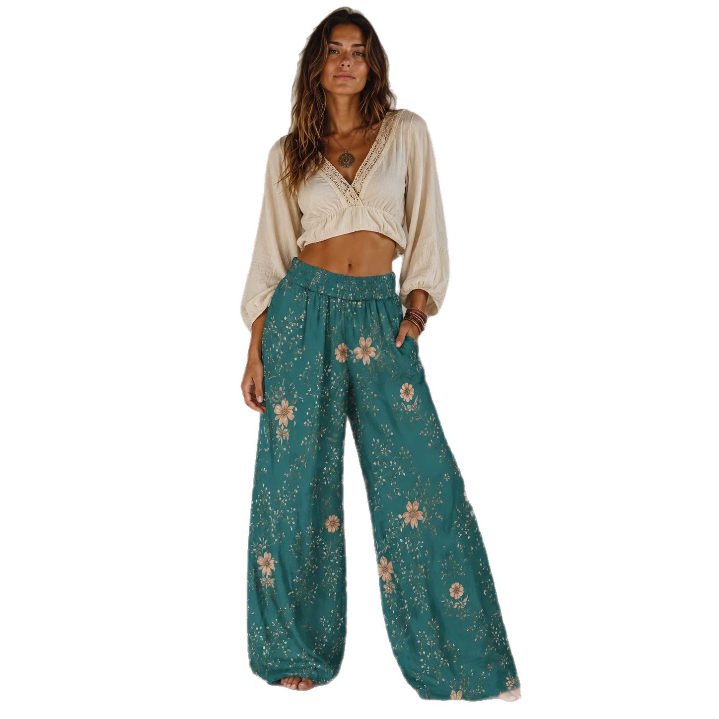 2026 Summer New Linen Printed Pants Commute Style High Waist Elastic Wide Leg Pants Women