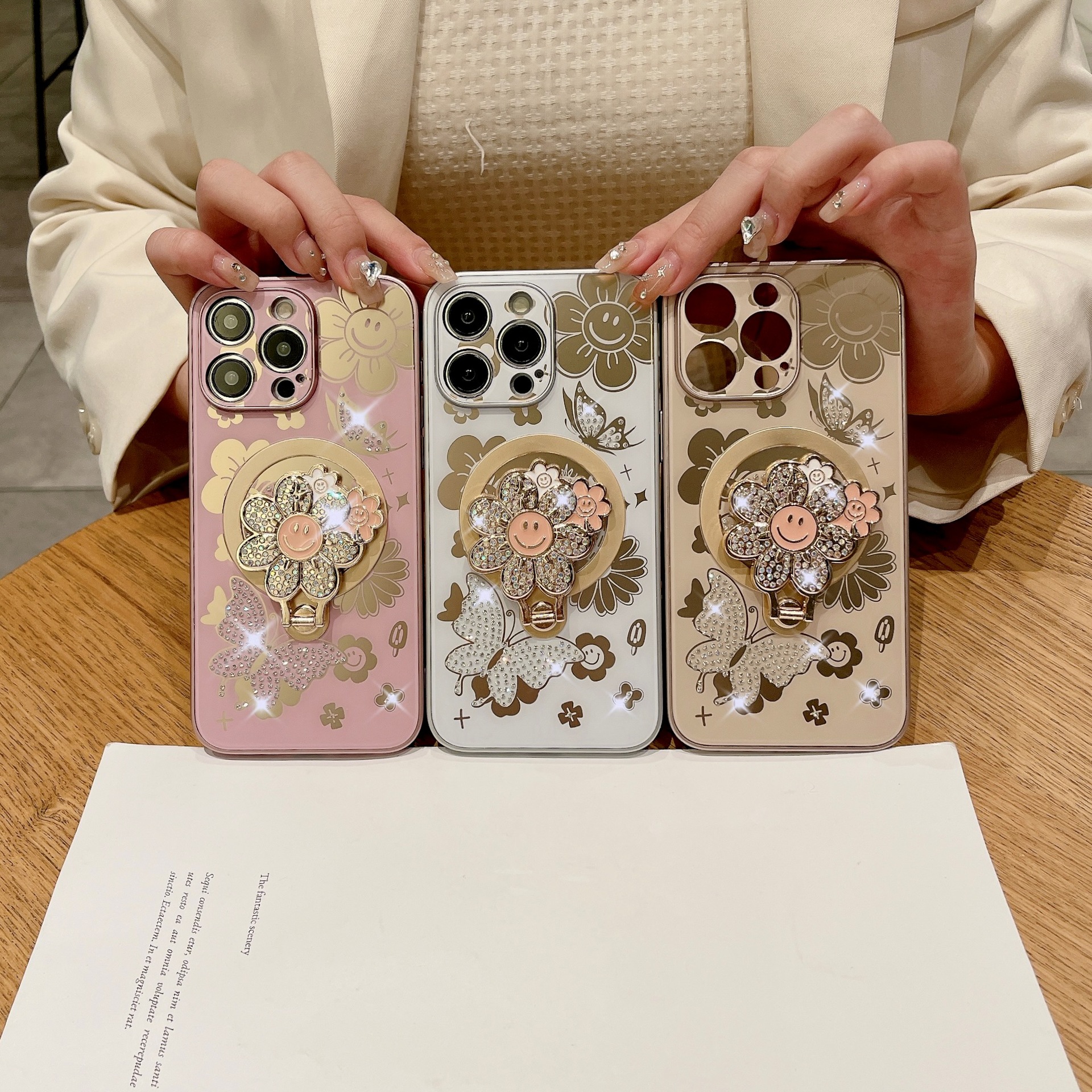 Compatible with iPhone 17 Pro Max phone case Apple 15 14 13 protective case rhinestone butterfly like flower magnetic bracket