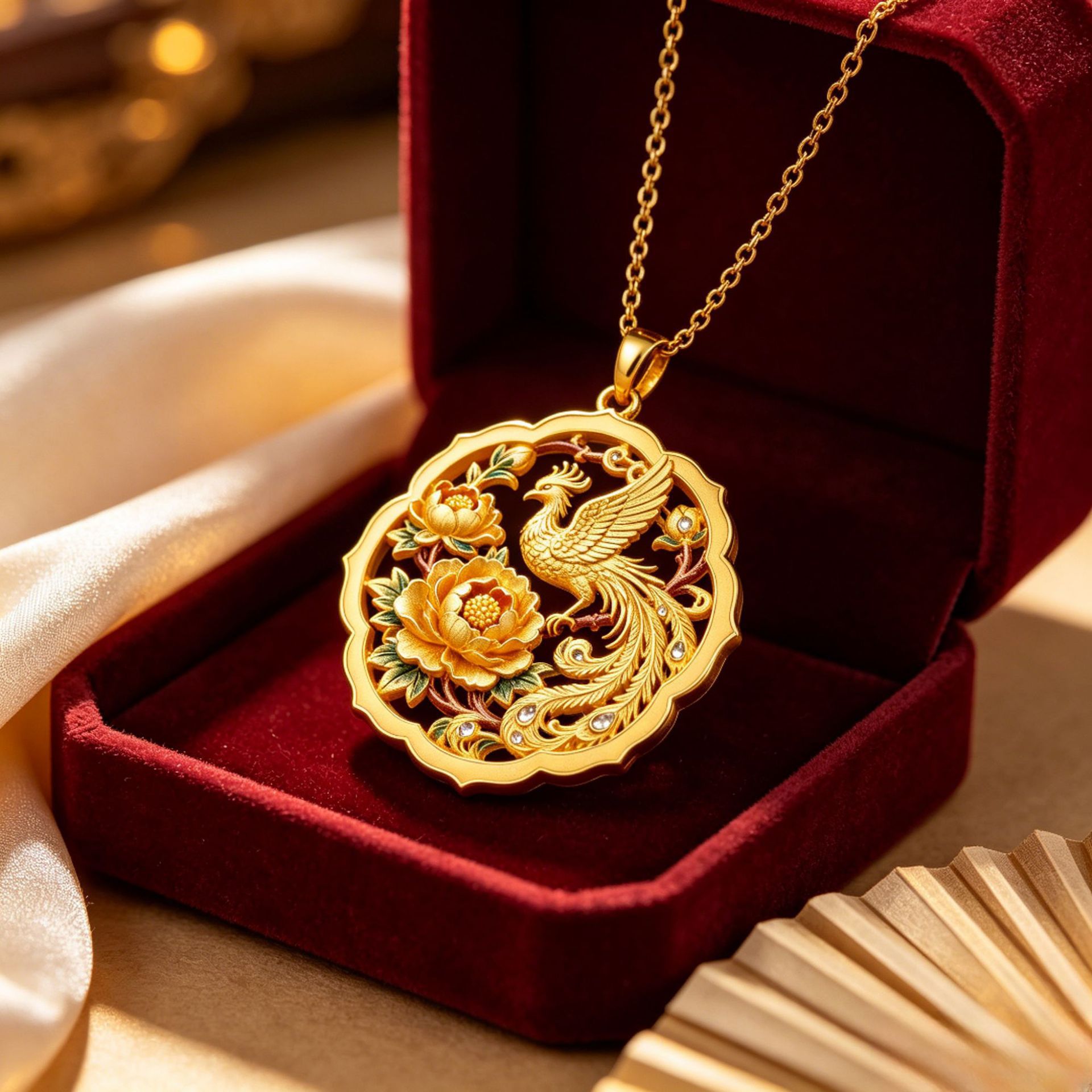Peony phoenix auspicious gold necklace ancient style handmade phoenix pendant necklace cultural creative pendant phoenix necklace