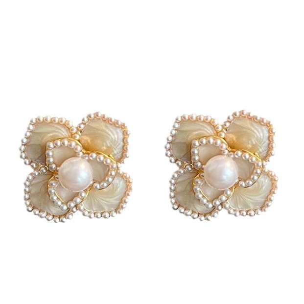 Vintage Light Retro Pearl Flower Collection Earrings Enamel Drop Oil Court Style Ear Studs Ear Accessories