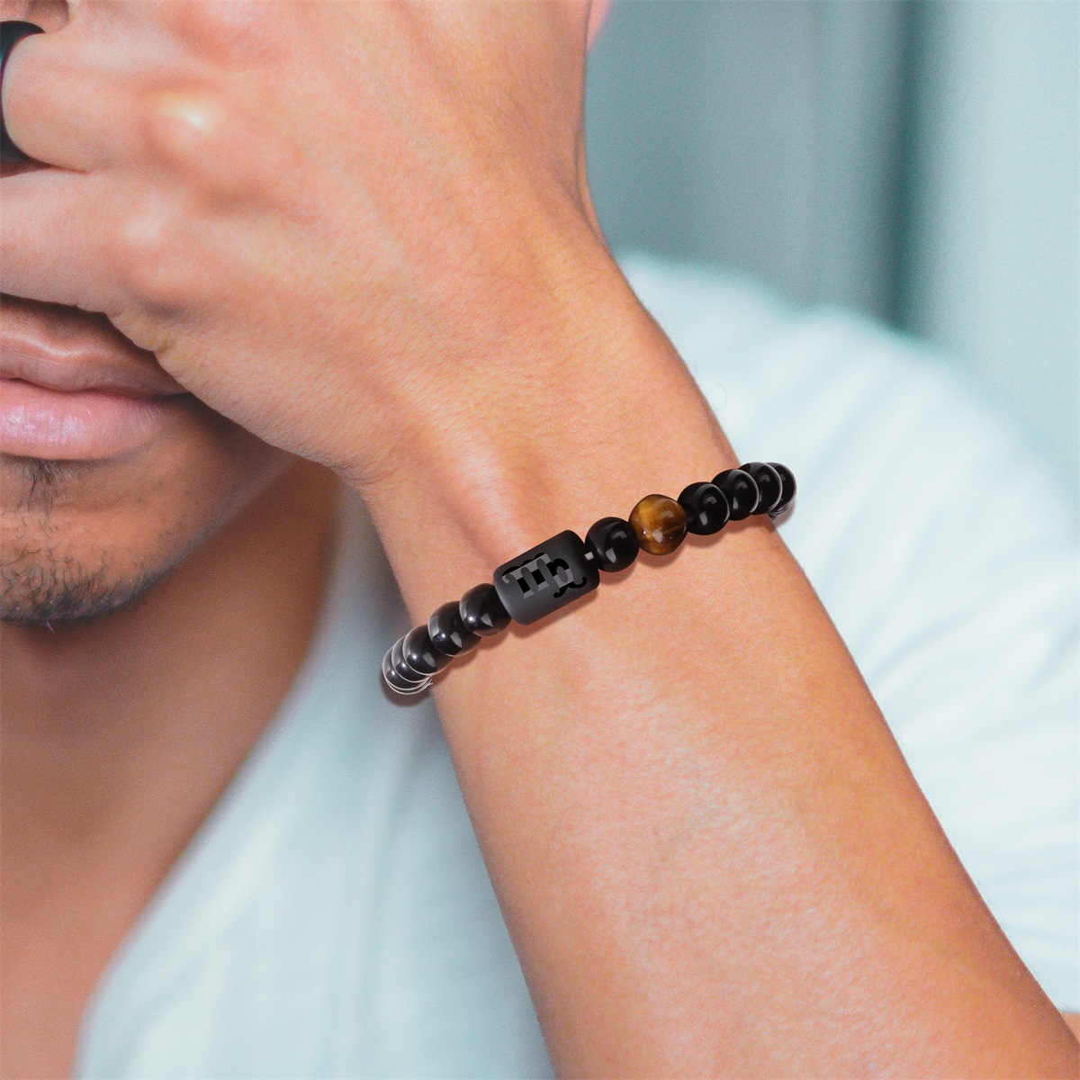Twelve zodiac bracelet for men shiny black beads elastic rope unisex bracelet