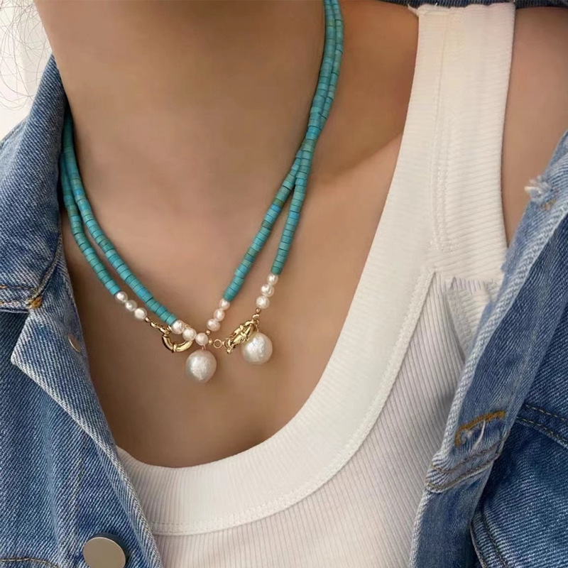 Freshwater pearl handmade beaded stunning baroque simple turquoise necklace锁骨链