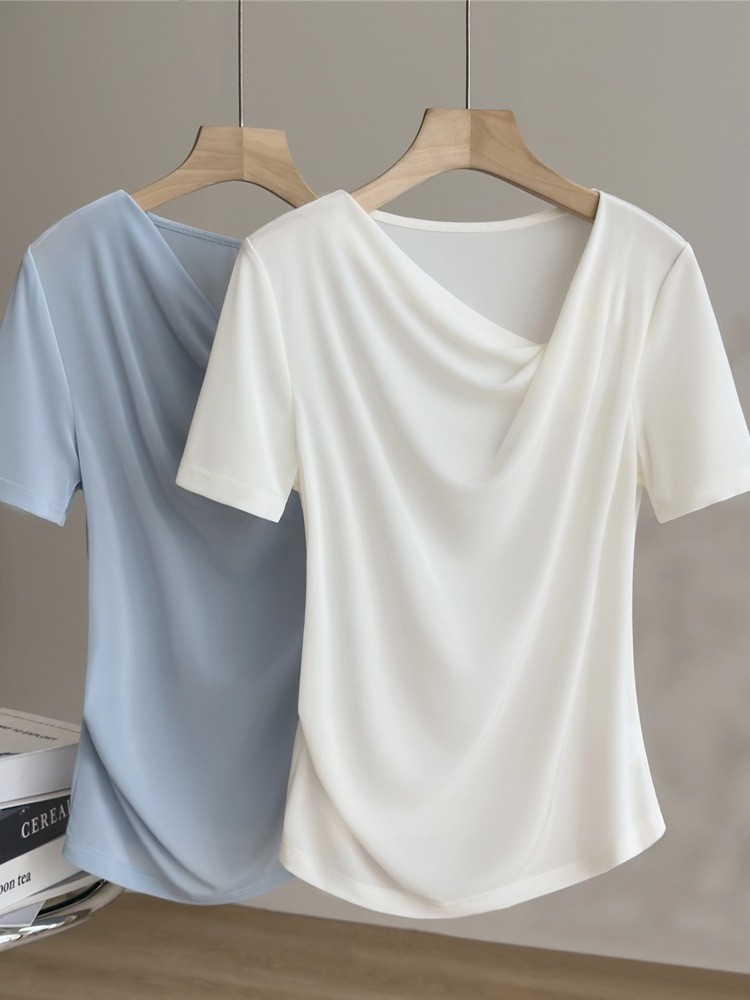 White T irregular draped collar pleated cool acetate T-shirt women summer elegant waist short-sleeve top