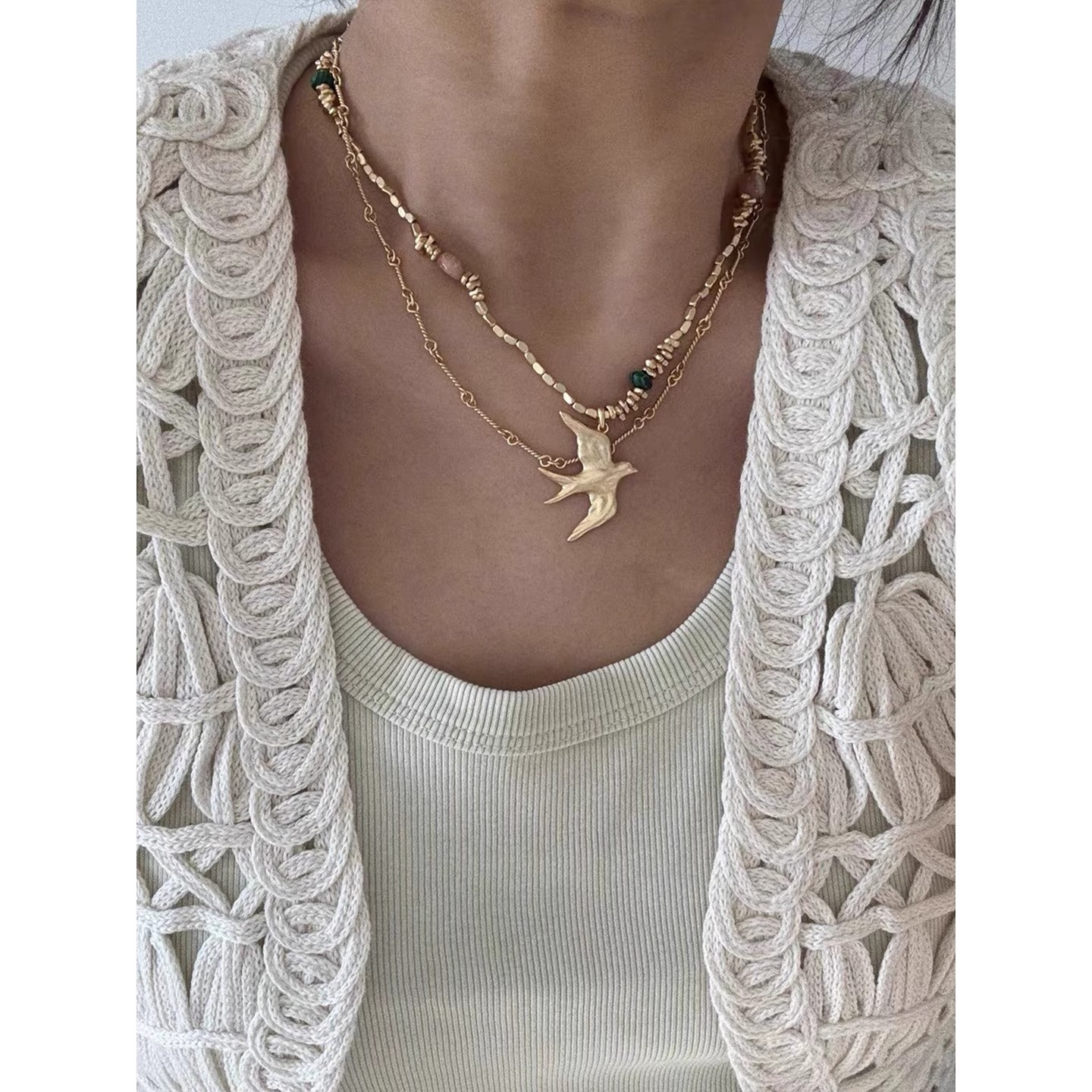 Exclusive Beaded Stone Feiyan Pendant Necklace Women Niche Summer New Long Necklace Sweater Chain