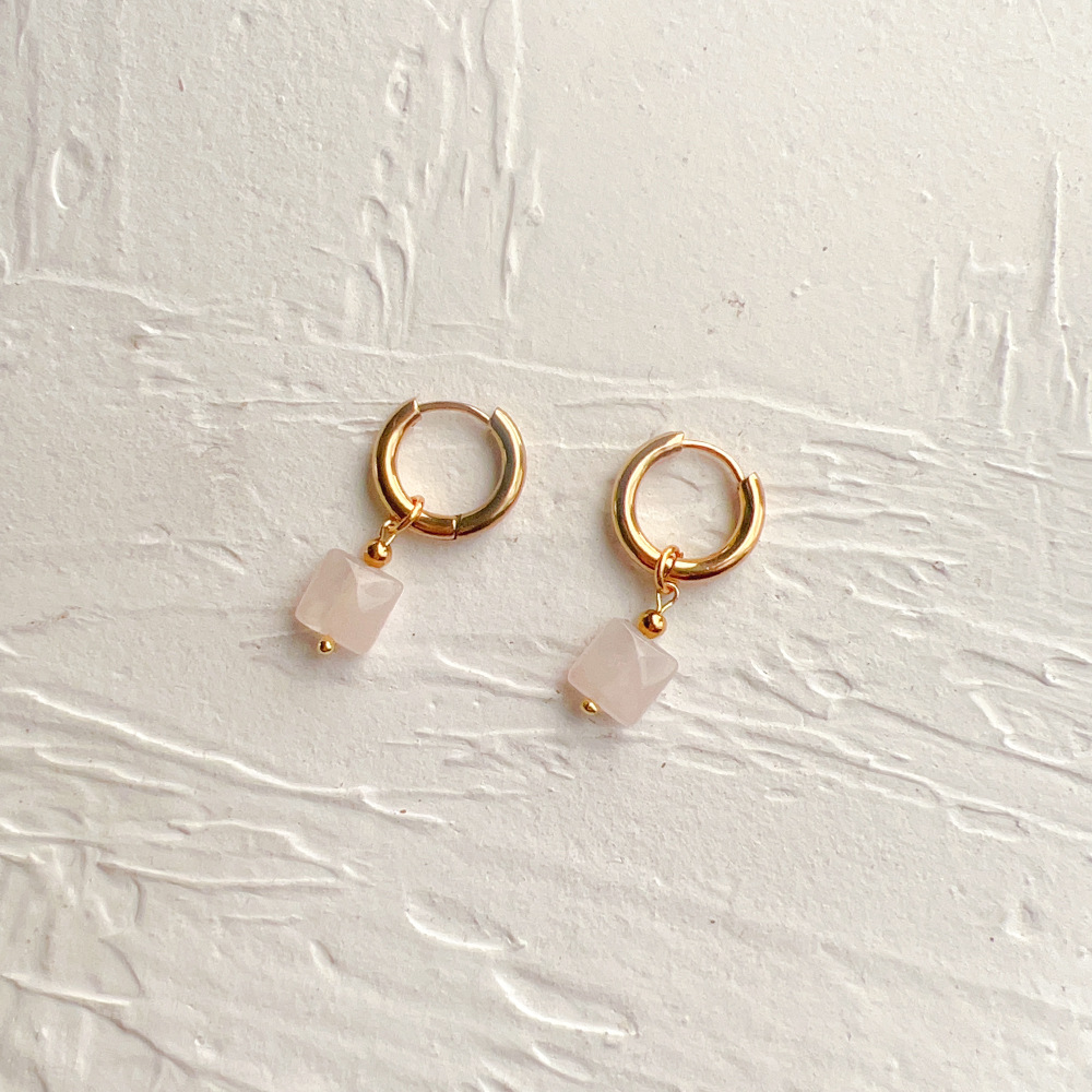 INS-Style Square Earrings: 18K Gold-Plated Stainless Steel Clips with Natural Stone Rhombus Pendants for Women