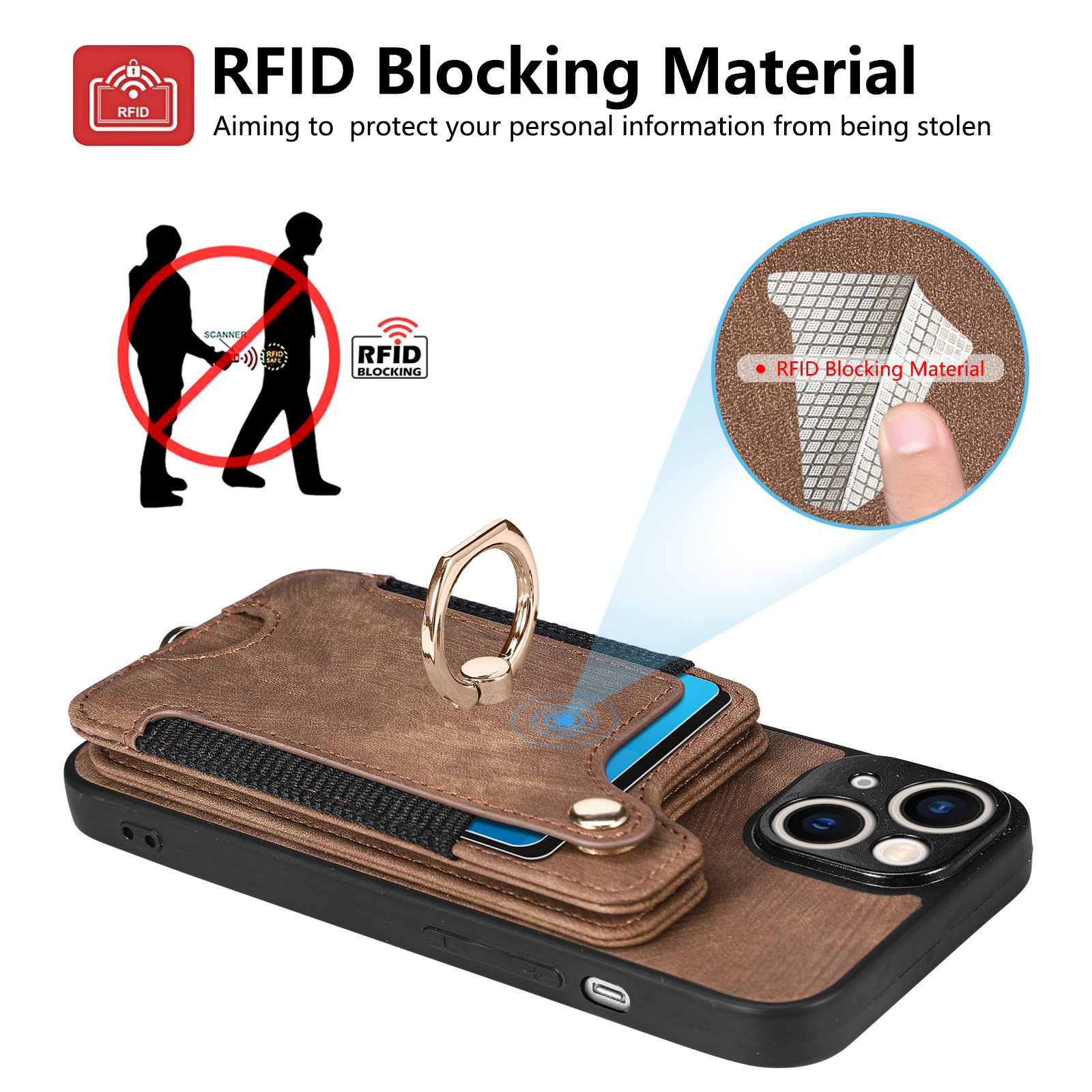 For iPhone18 phone leather case RFID anti-skimming ring buckle lanyard multifunctional card holder Apple phone