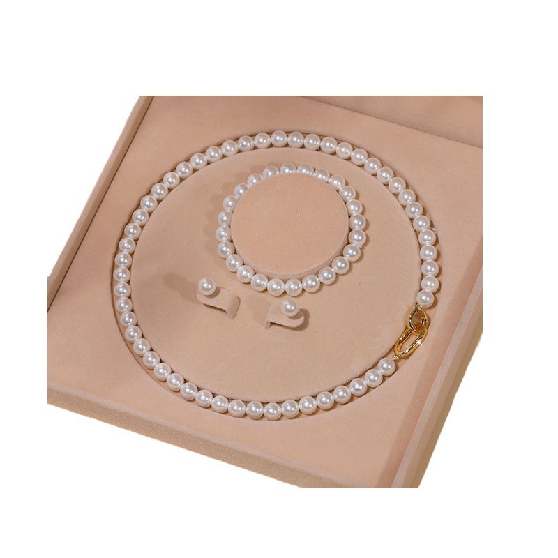 Natural Deep Sea Mother-of-Pearl Bead Pearl Necklace Clavicle Chain Jewelry Set for Women Three-Piece Mother's Day Gift