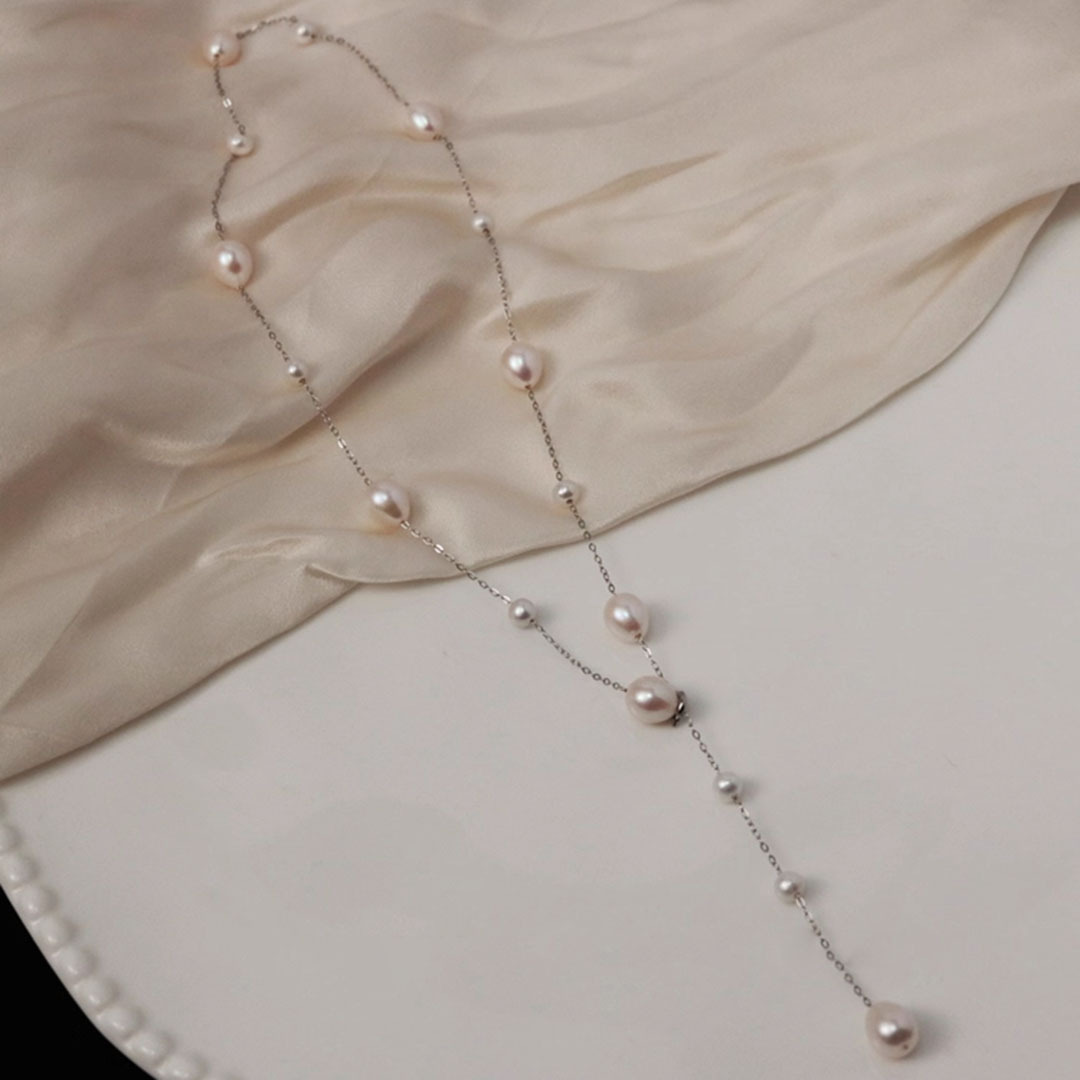 Natural Pearl Starry Sky Necklace Women Staggered Size Beads Spaced Pendant Sweater Chain