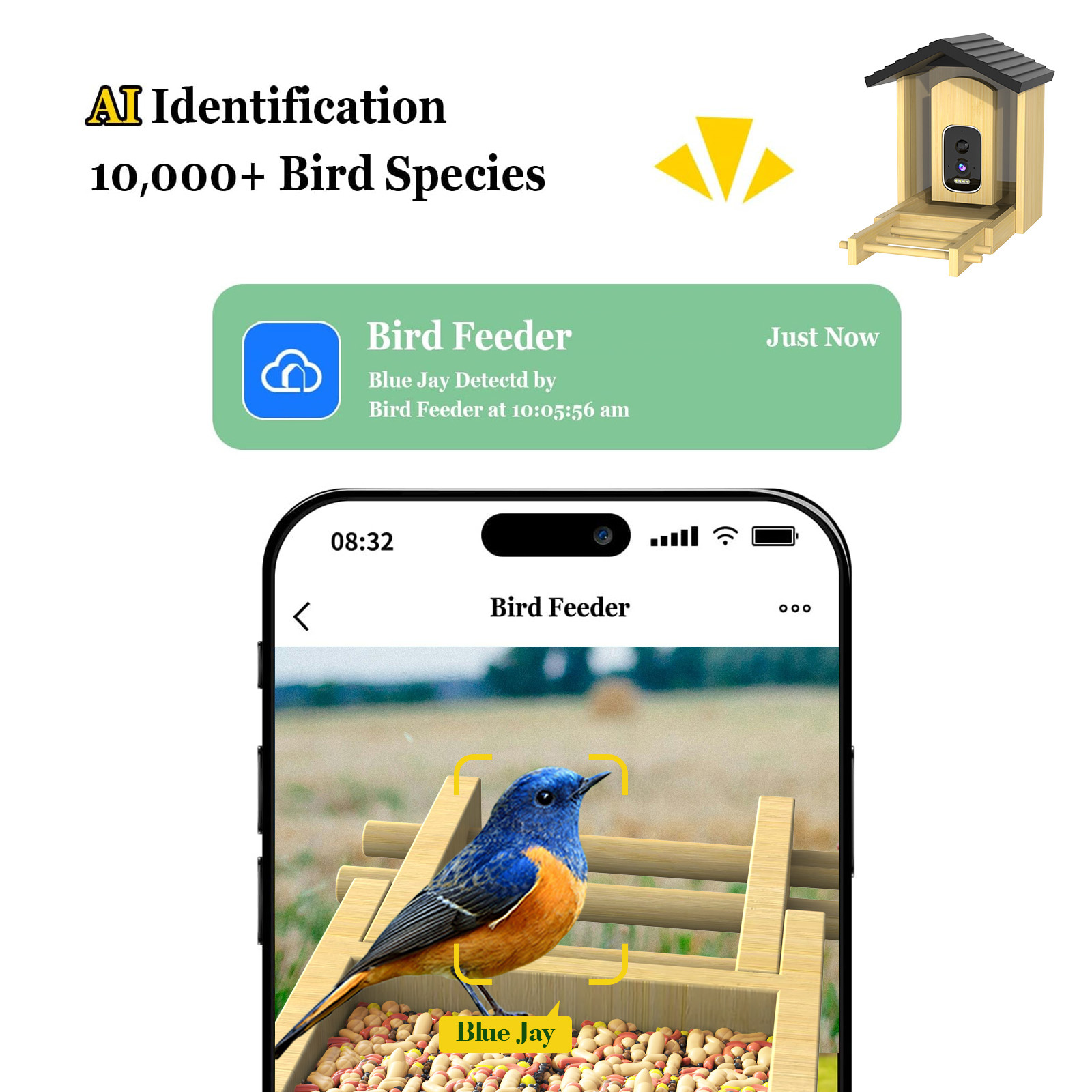Bamboo Wood Smart Bird Feeder AI Bird Recognition HD Solar Long Battery Life Pet Feeder