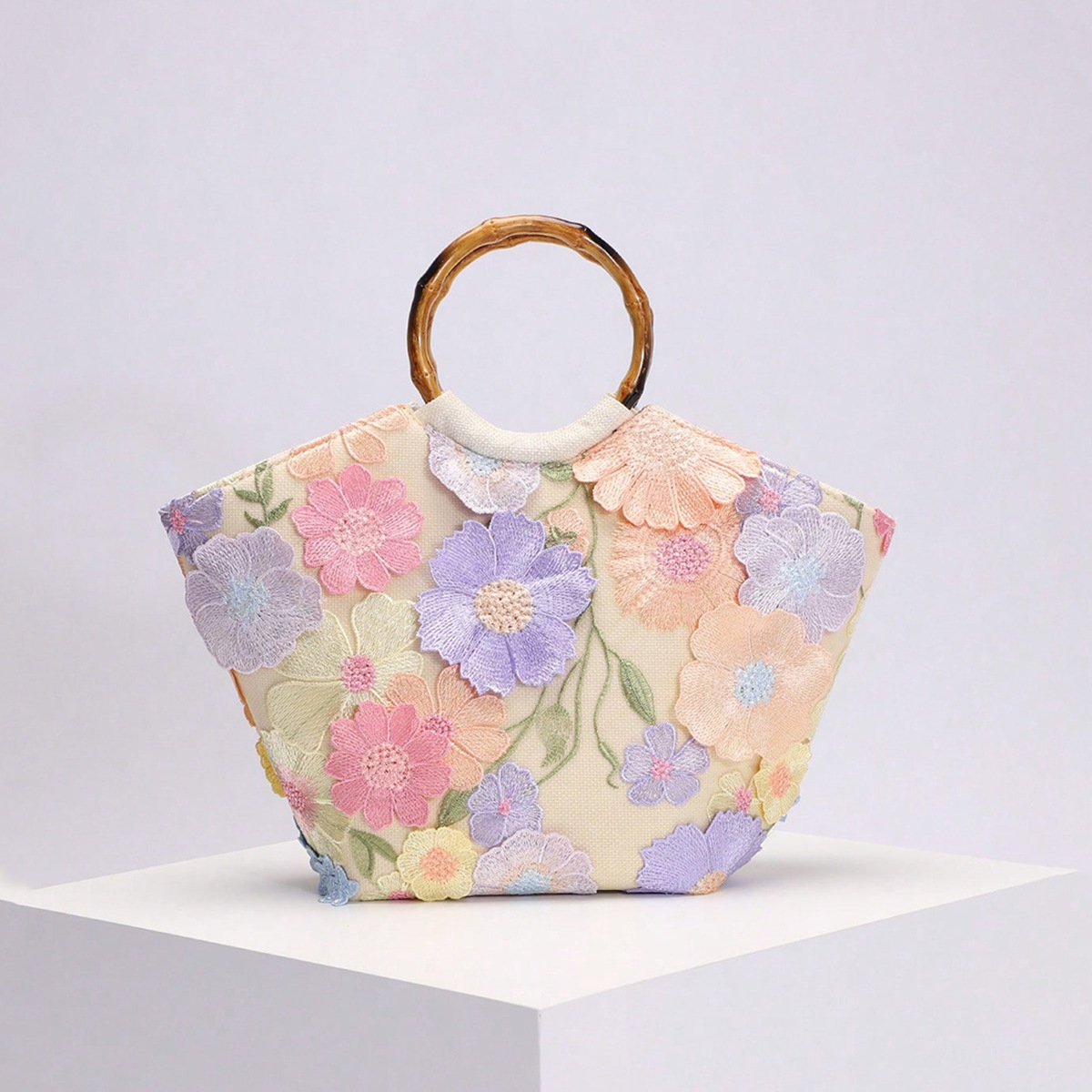 Seaside Vacation Style Bag Women's New Embroidery 3D Applique Sequins Flower Bamboo Knot Handle Bag Elegant Tote Bag