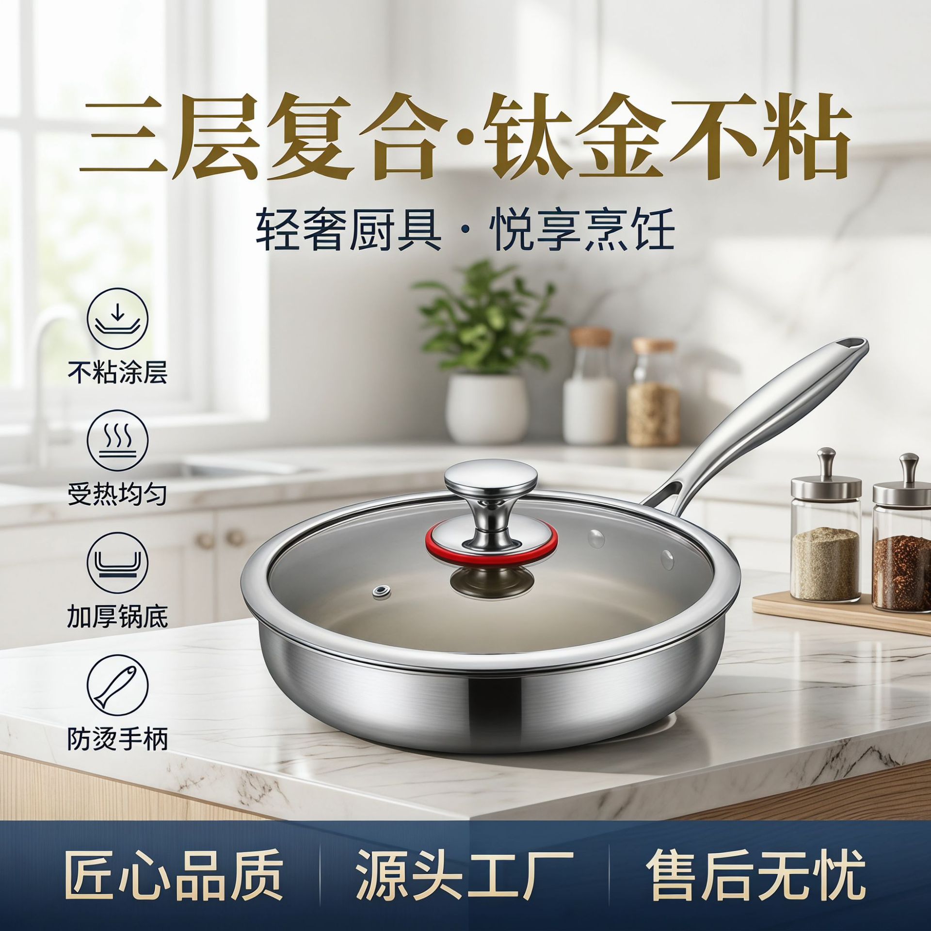 Flat bottom pan non-stick pan titanium non-stick pan steak wok non-stick pan household induction cooker gas stove universal pan