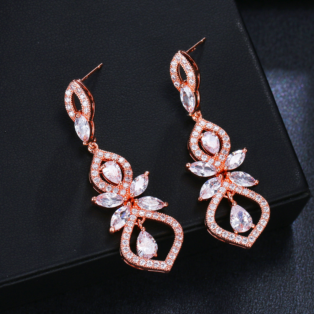 Dubai exaggerated long hollow earring ear stud earring AAA zircon super flash bridal evening earring