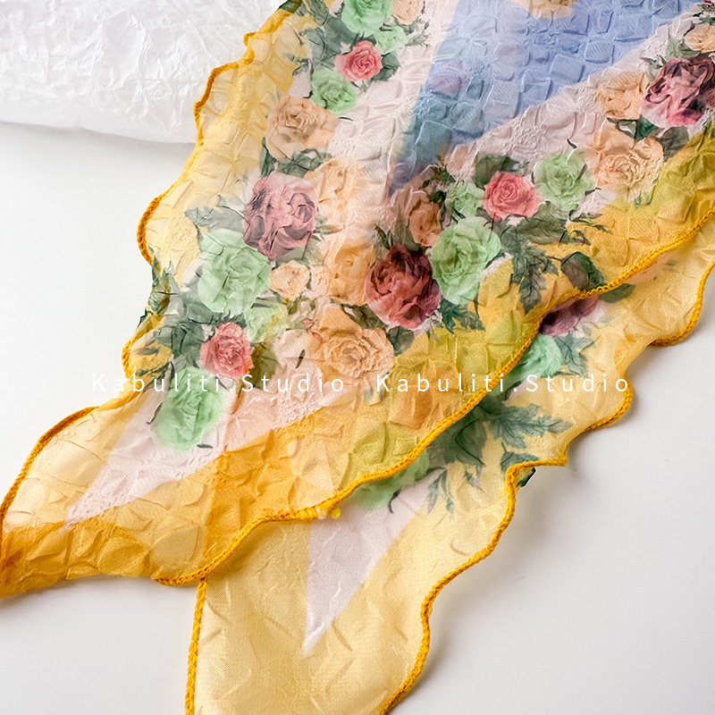 Oil painting wrinkled small triangle square scarf, silk scarf for women, neck protection mother matching shirt hair band neck scarf thin scarf