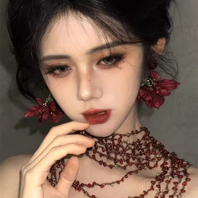 Burning Rose exaggerated wine red tassel earrings earrings flower ear studs